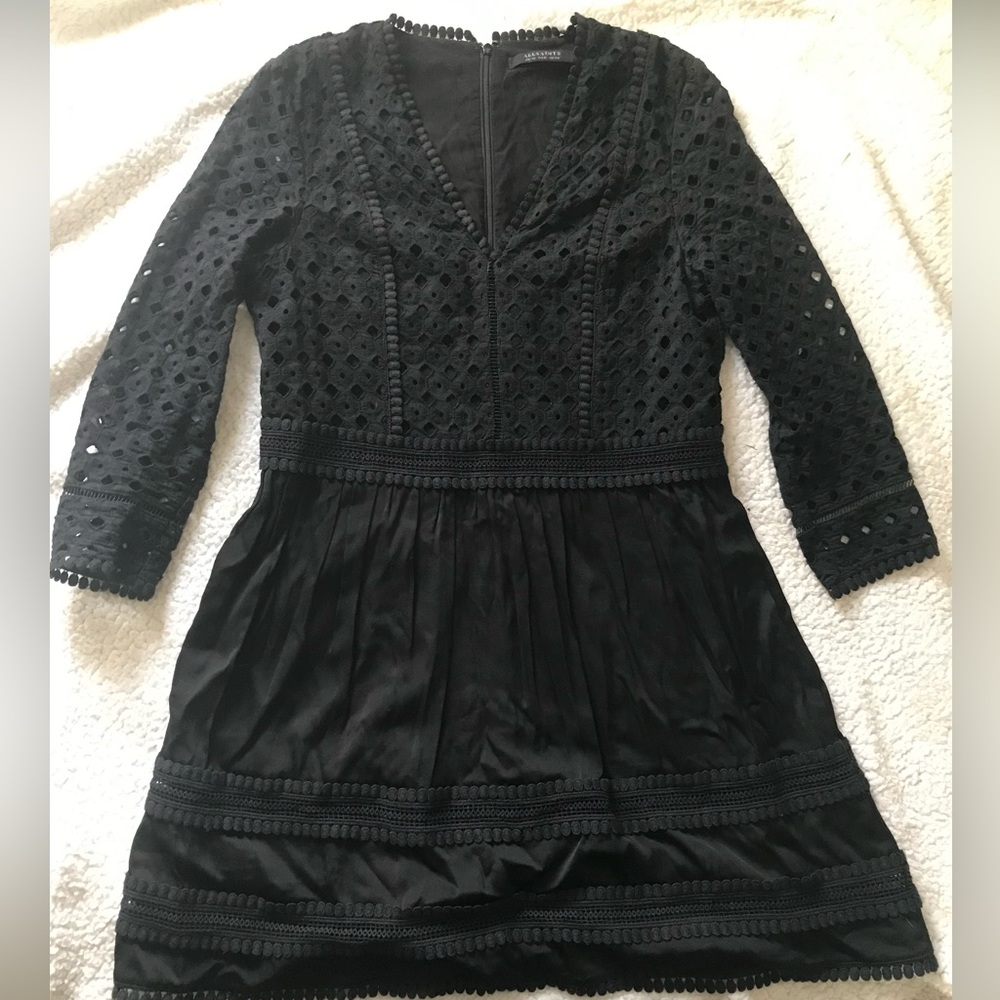 AllSaints Silo Crochet Lace V-Neck Fit & Flare Dress Size 6 US - Black